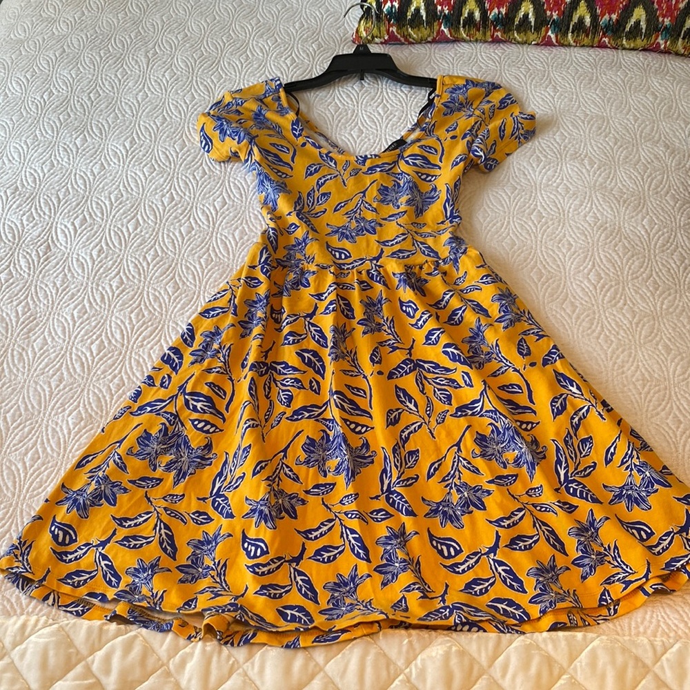 Blue and Yellow Floral Crossover Back Fit and Flare Dress